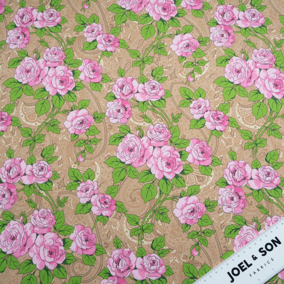 Pink Rose Printed Beige Paisley Cotton