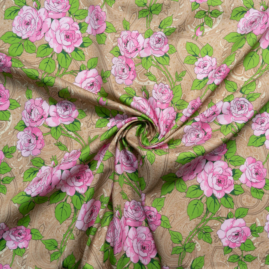 Pink Rose Printed Beige Paisley Cotton