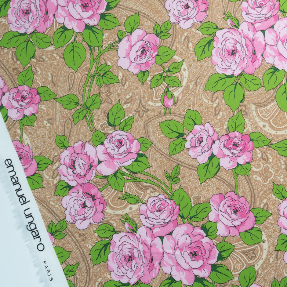 Pink Rose Printed Beige Paisley Cotton