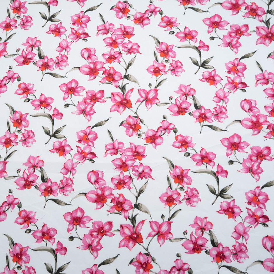 Rich Pink Floral Printed White Cotton