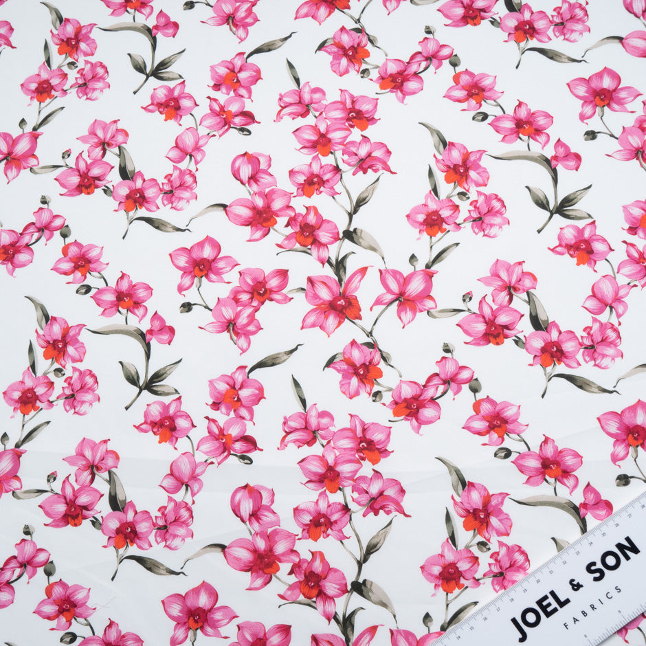 Rich Pink Floral Printed White Cotton