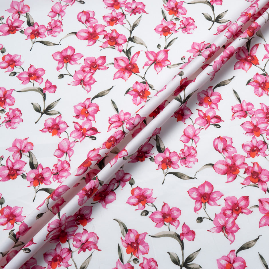 Rich Pink Floral Printed White Cotton