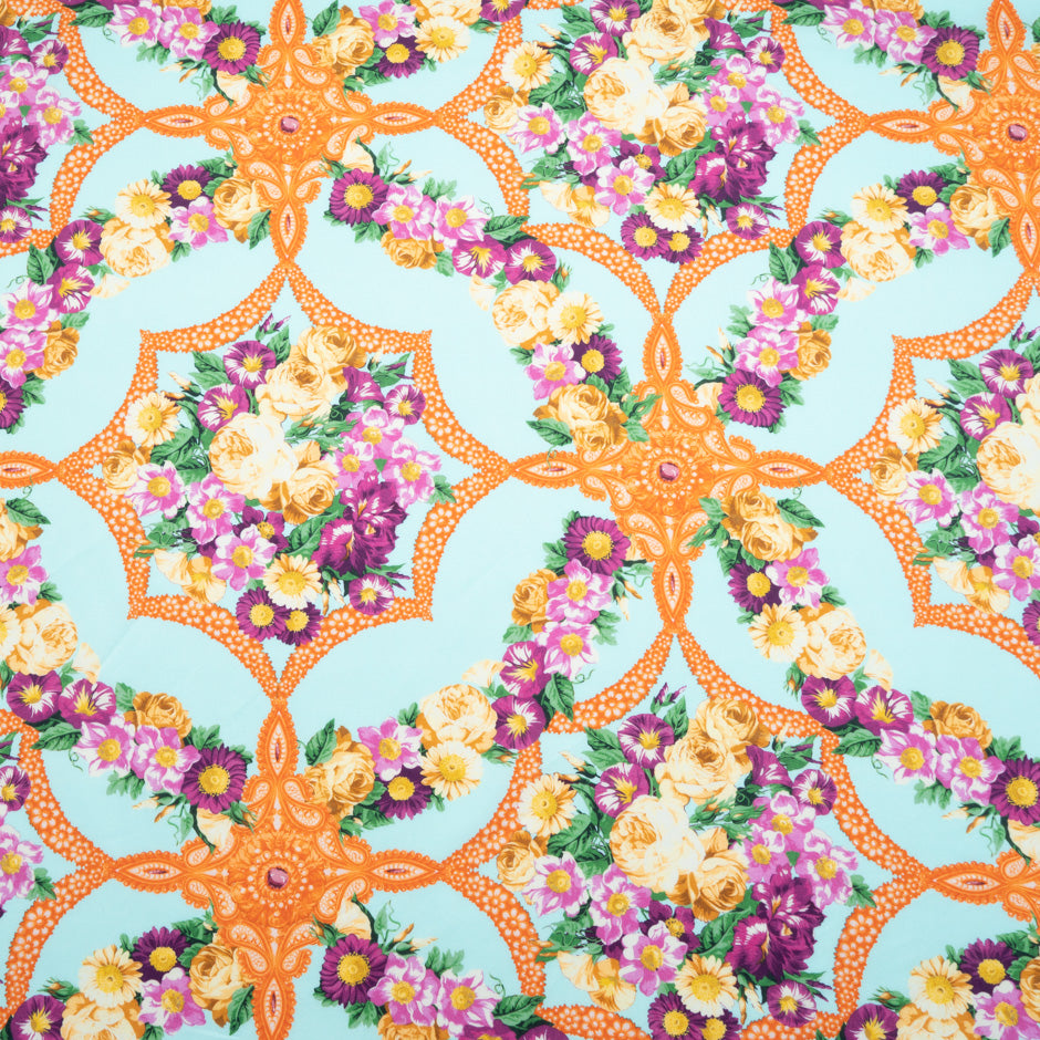 Magenta Floral & Orange Printed Sky Blue Cotton