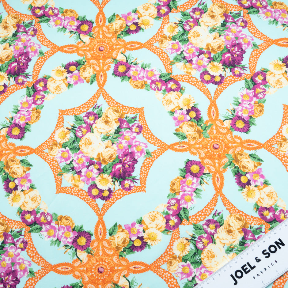 Magenta Floral & Orange Printed Sky Blue Cotton