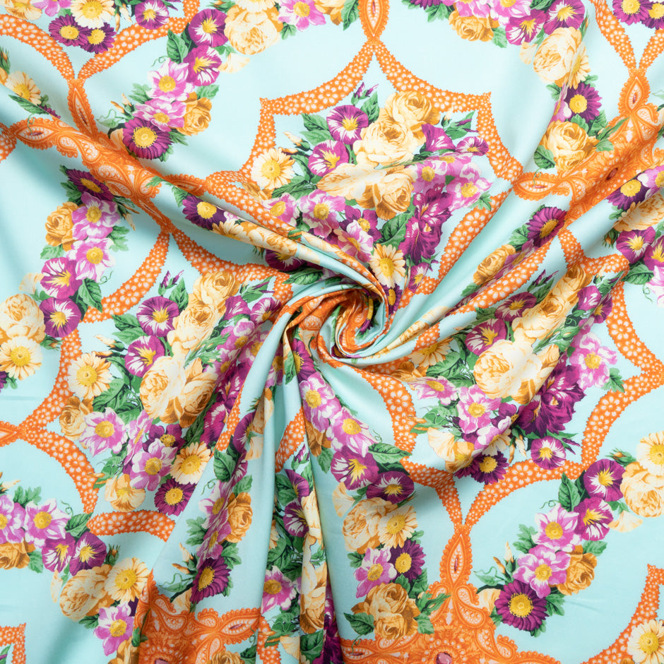 Magenta Floral & Orange Printed Sky Blue Cotton