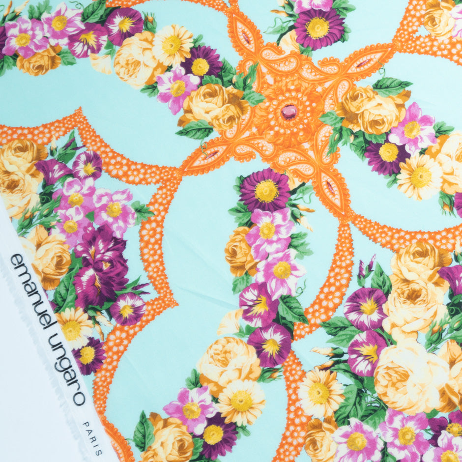 Magenta Floral & Orange Printed Sky Blue Cotton