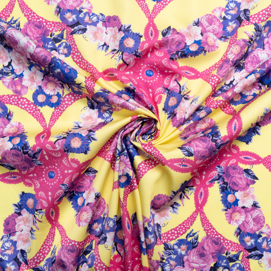 Floral & Pink Kaleidoscopic Printed Yellow Cotton