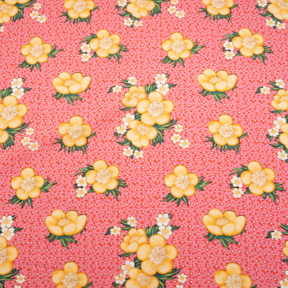 Yellow Floral Printed Red Spotted Cotton