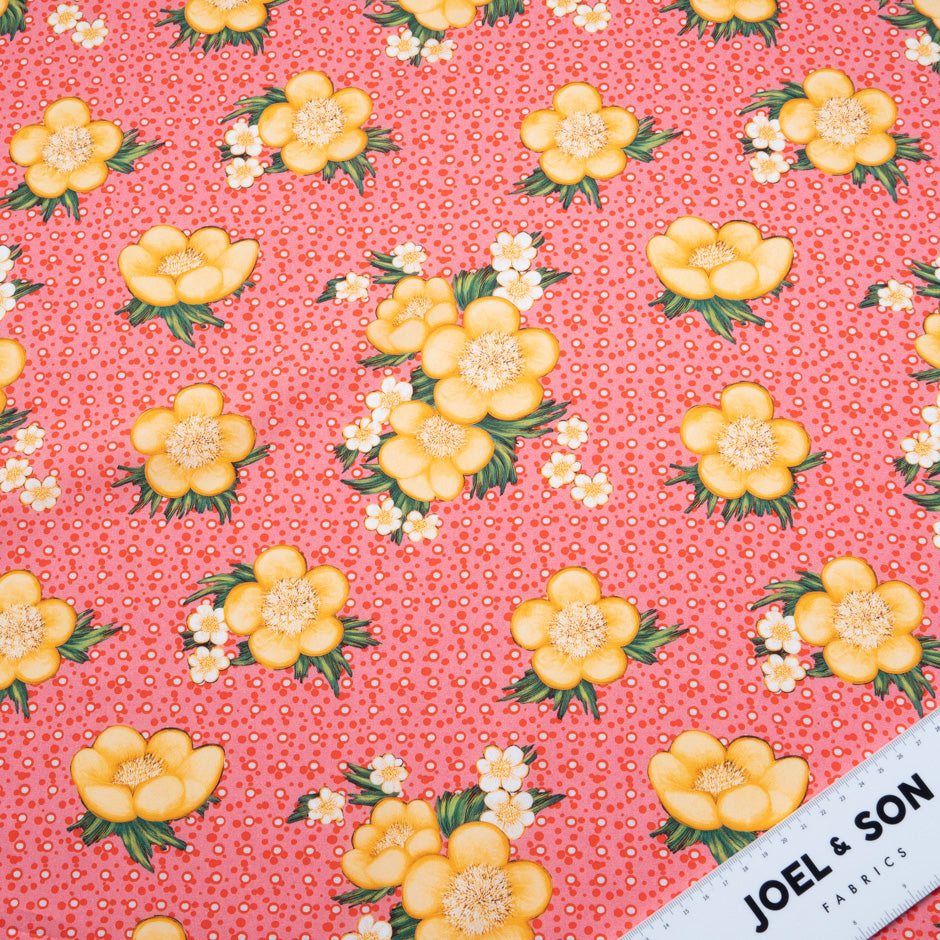 Yellow Floral Printed Red Spotted Cotton