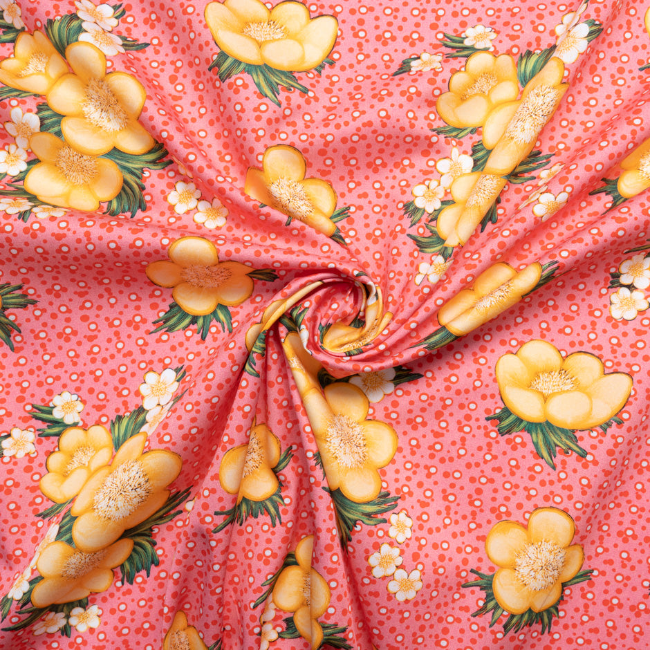 Yellow Floral Printed Red Spotted Cotton