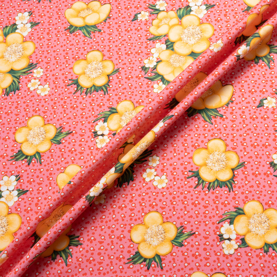 Yellow Floral Printed Red Spotted Cotton