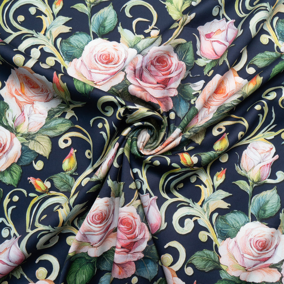Rose Printed Midnight Blue Cotton
