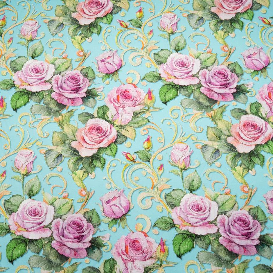 Pink Rose Printed Soft Blue Cotton