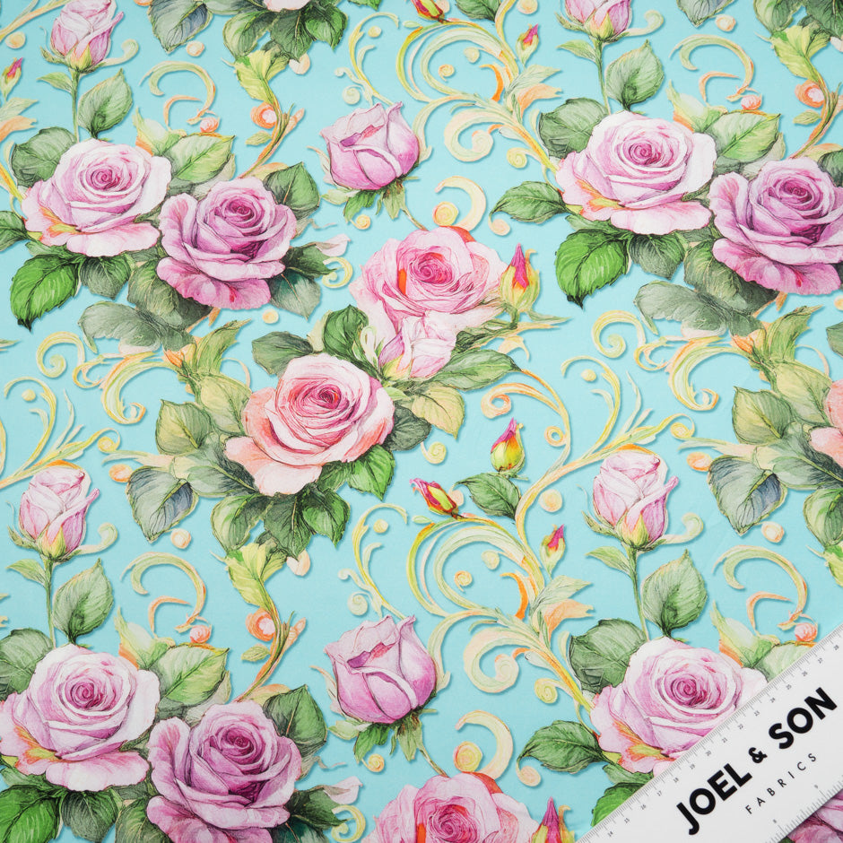 Pink Rose Printed Soft Blue Cotton