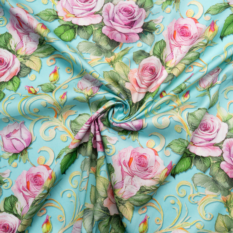 Pink Rose Printed Soft Blue Cotton