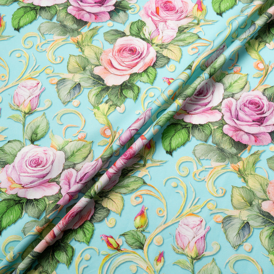 Pink Rose Printed Soft Blue Cotton