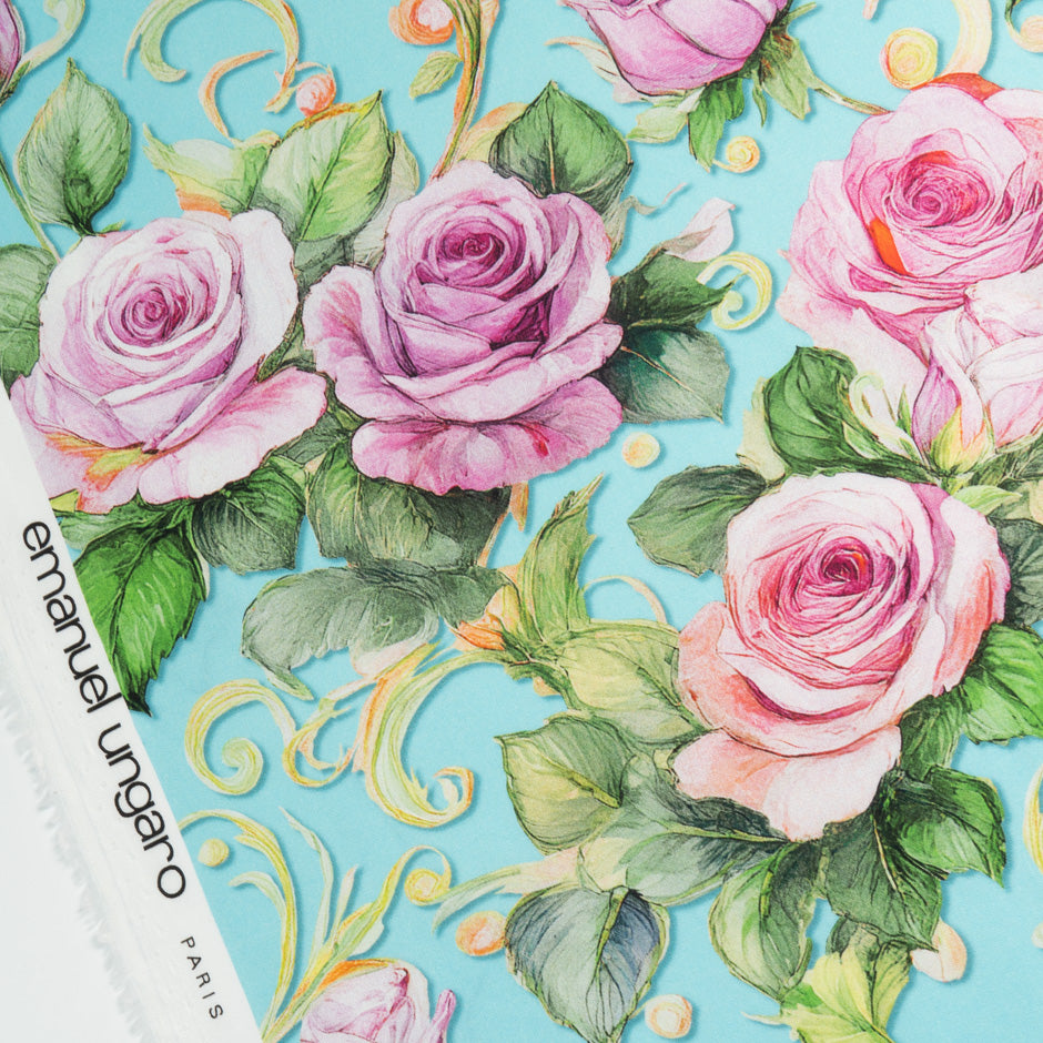 Pink Rose Printed Soft Blue Cotton