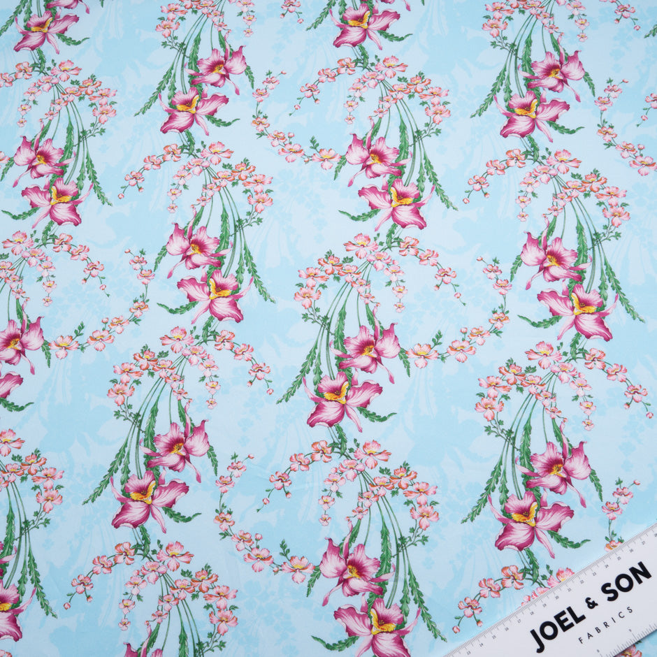 Magenta Floral Printed Sky Blue Cotton