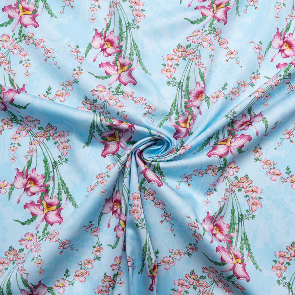 Magenta Floral Printed Sky Blue Cotton