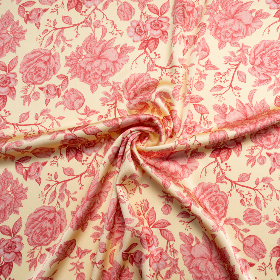 Red Floral Printed Yellow Double Silk Satin