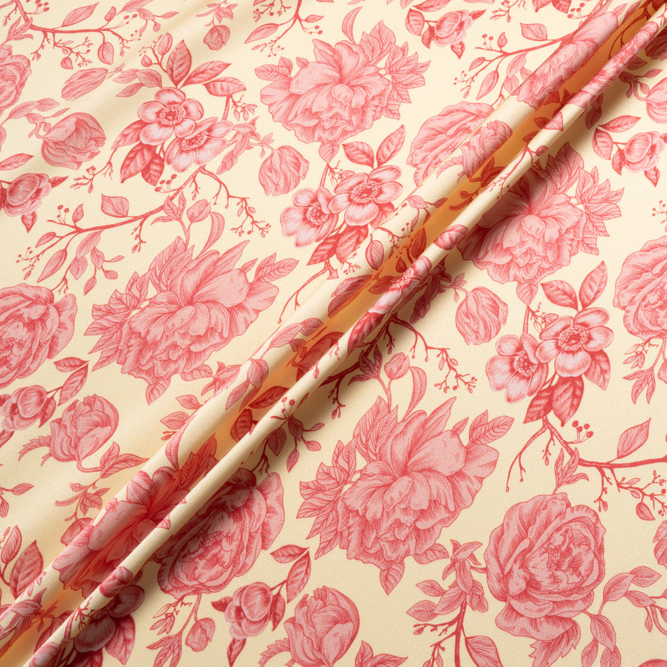 Red Floral Printed Yellow Double Silk Satin