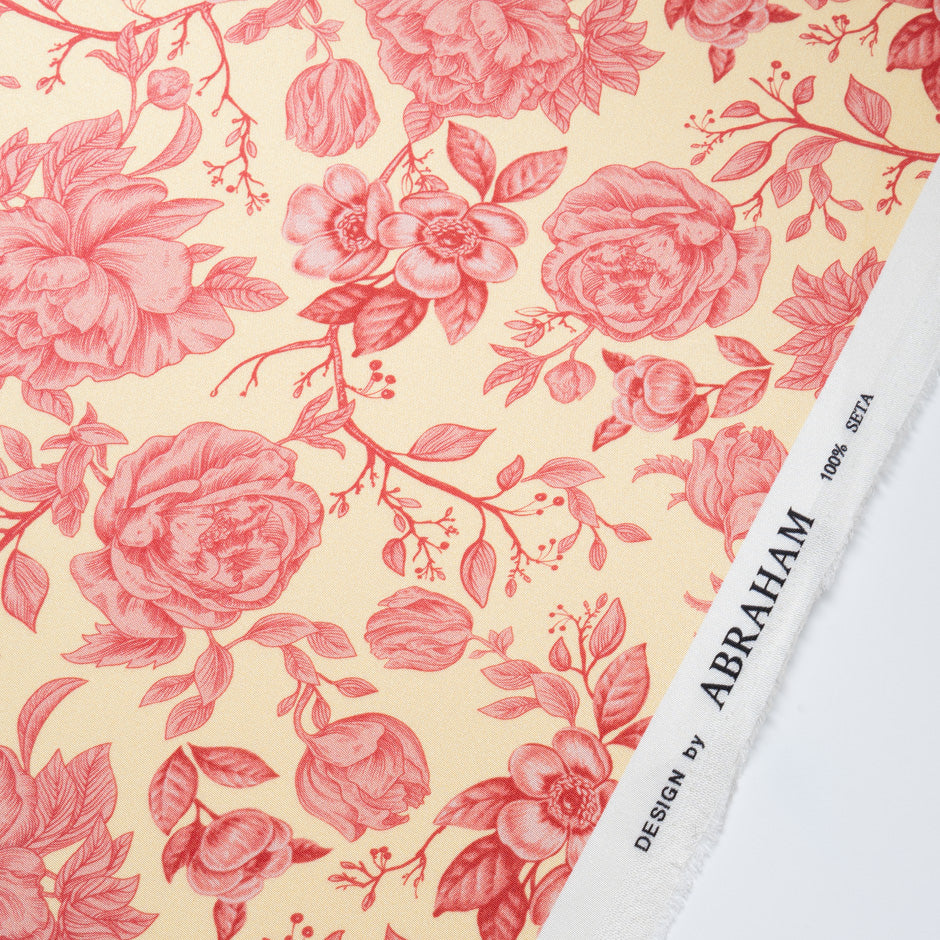 Red Floral Printed Yellow Double Silk Satin