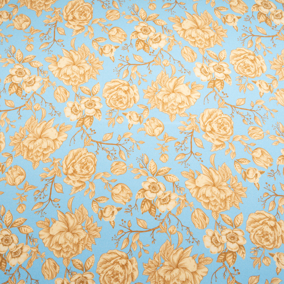 Beige Floral Printed Blue Double Silk Satin