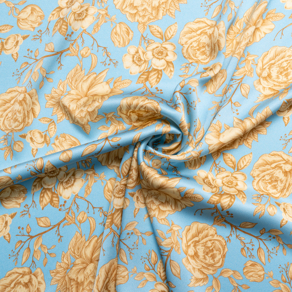 Beige Floral Printed Blue Double Silk Satin