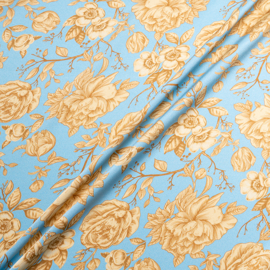 Beige Floral Printed Blue Double Silk Satin
