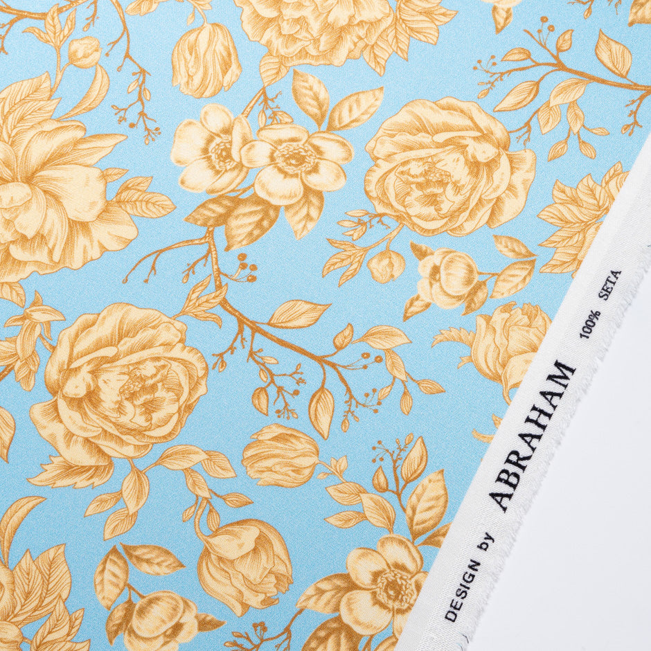 Beige Floral Printed Blue Double Silk Satin