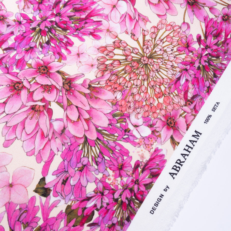 Fuchsia Pink Floral Printed Pure Silk Crêpe