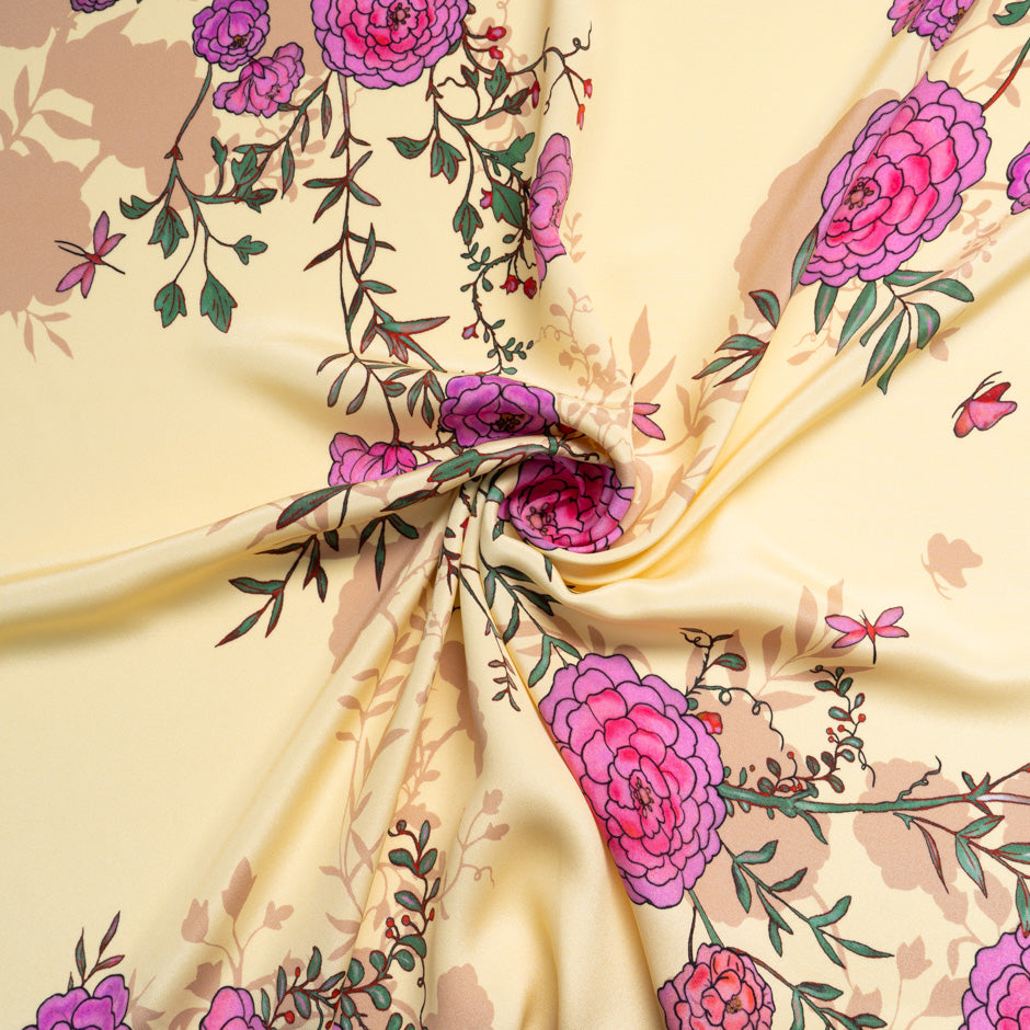 Pink Floral Printed Vanilla Double Silk Crêpe