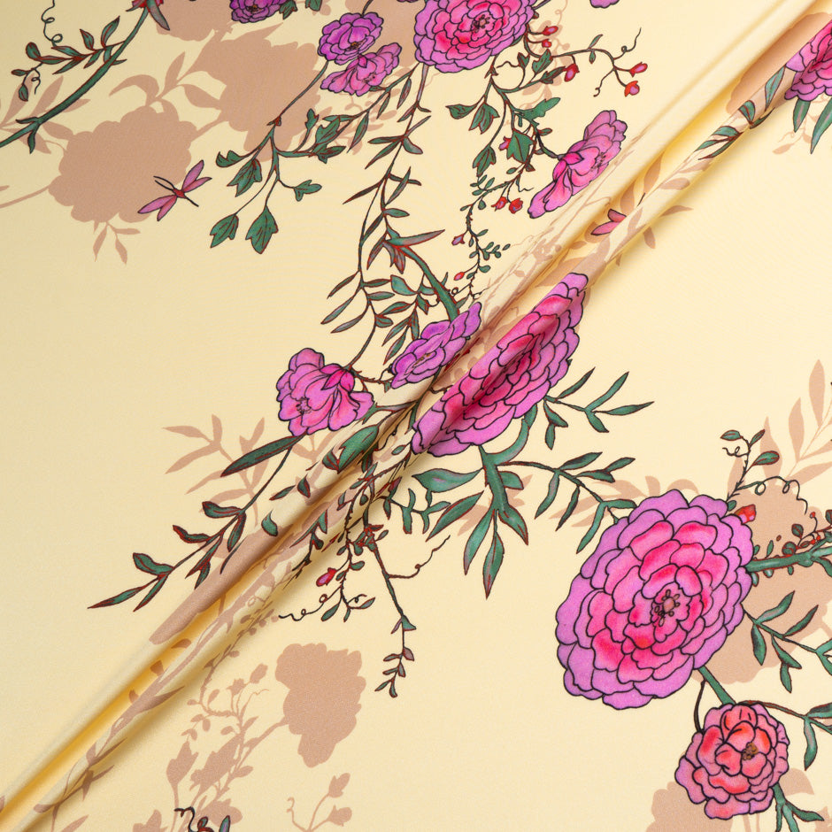 Pink Floral Printed Vanilla Double Silk Crêpe