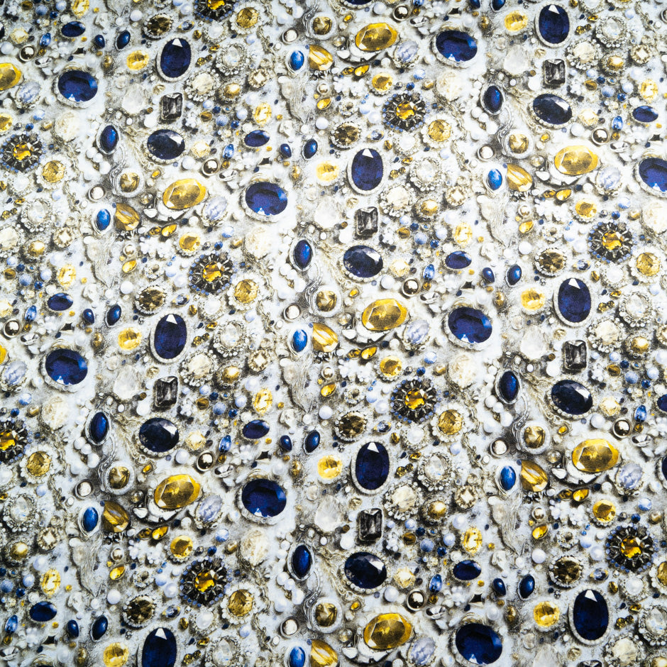 Sapphire & Yellow Jewel Printed Pure Silk Satin