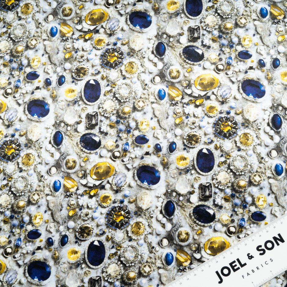 Sapphire & Yellow Jewel Printed Pure Silk Satin