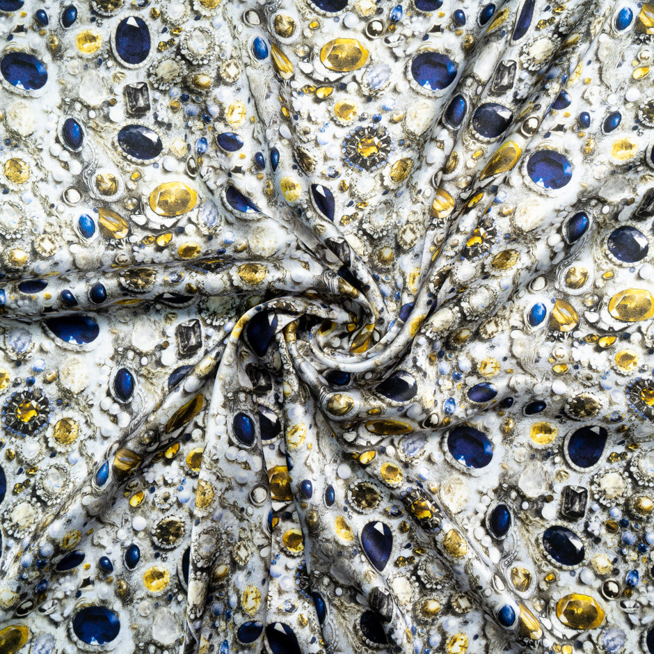 Sapphire & Yellow Jewel Printed Pure Silk Satin