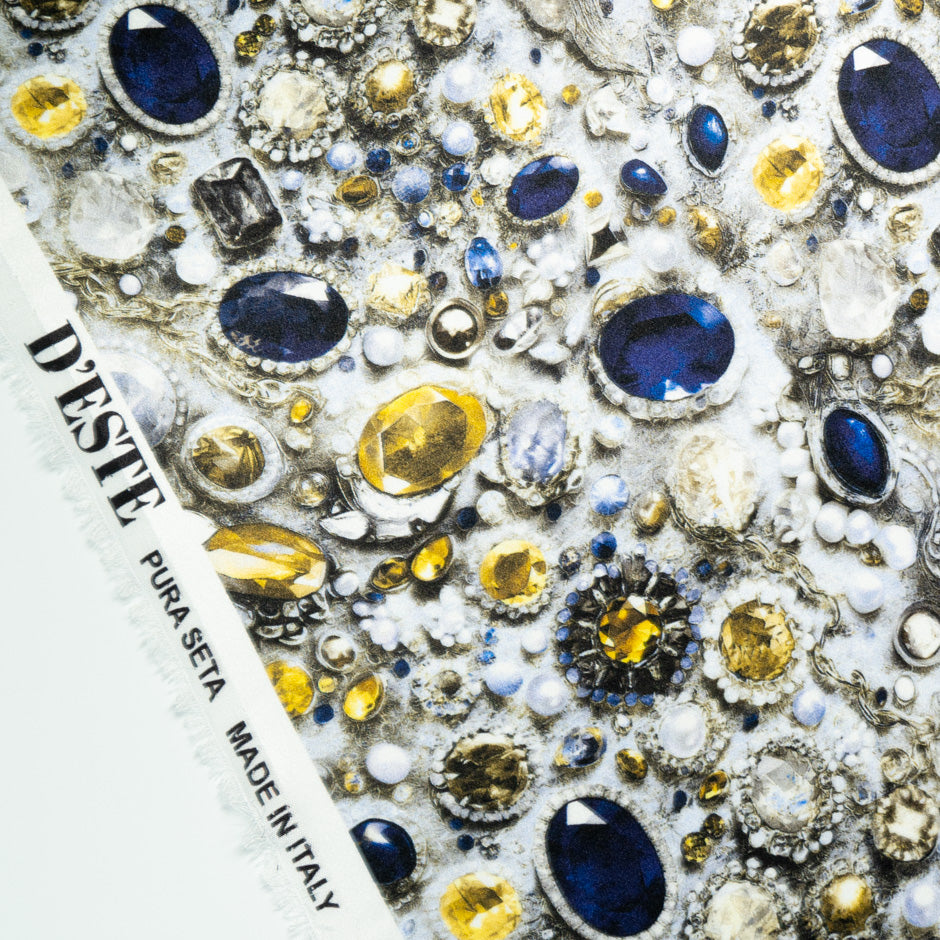 Sapphire & Yellow Jewel Printed Pure Silk Satin