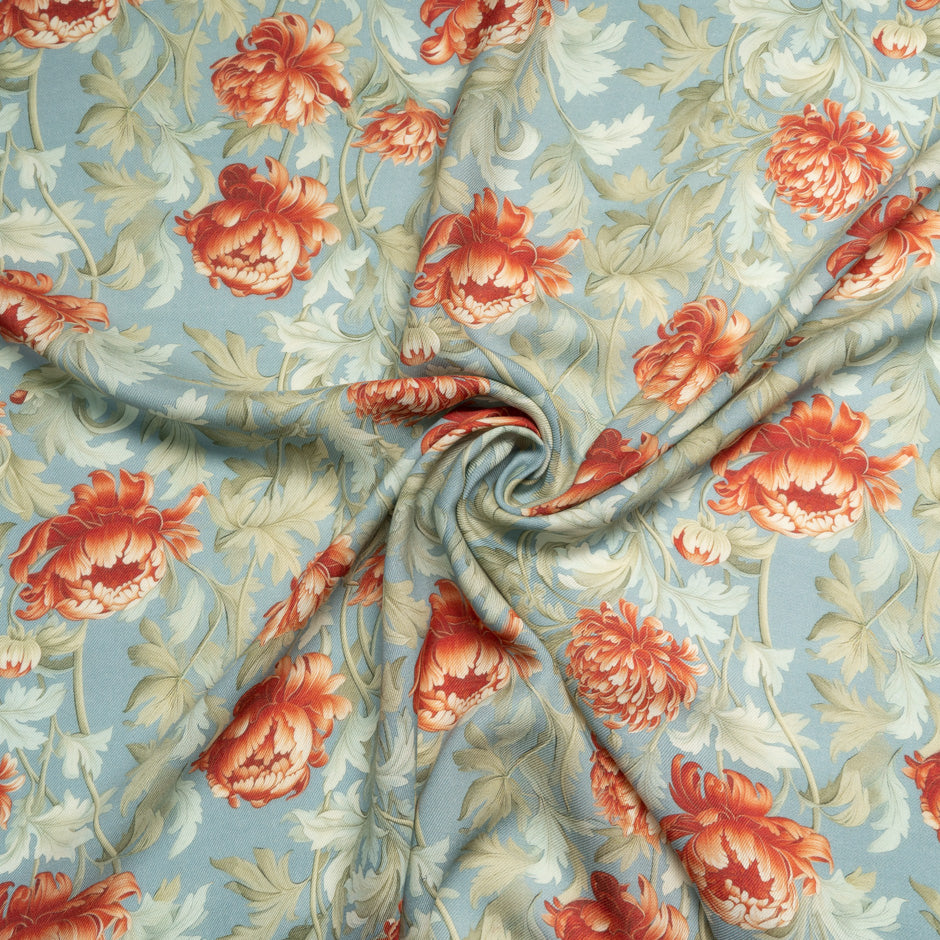 Deep Orange Floral Printed Wool & Silk Blend Challis