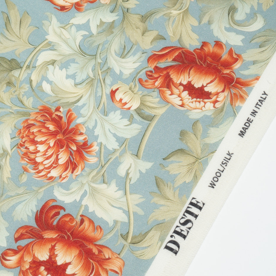 Deep Orange Floral Printed Wool & Silk Blend Challis