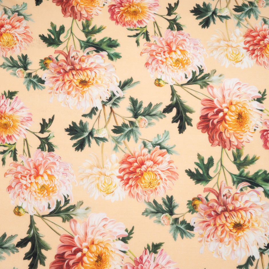 Orange Floral Printed Peach Wool & Silk Blend Challis