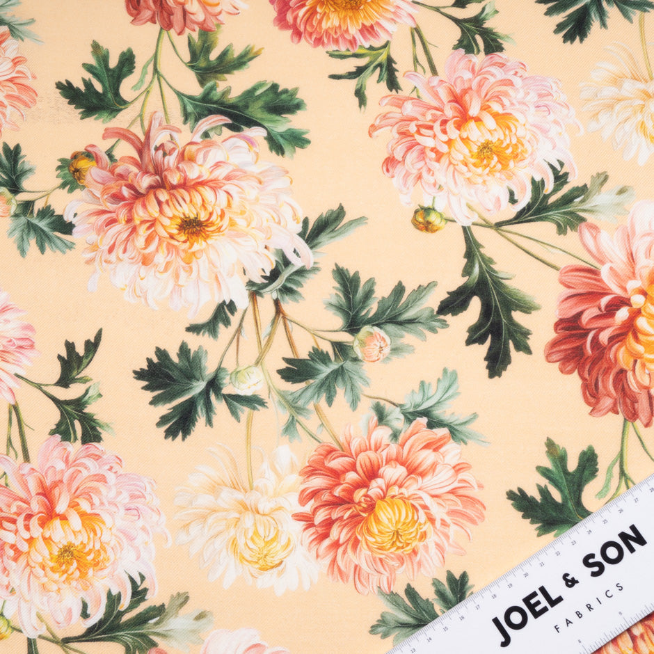 Orange Floral Printed Peach Wool & Silk Blend Challis