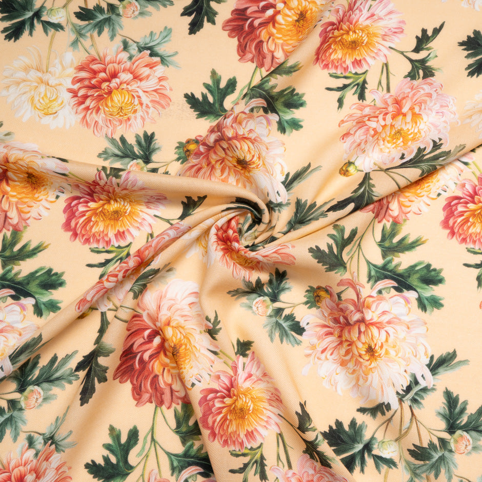 Orange Floral Printed Peach Wool & Silk Blend Challis