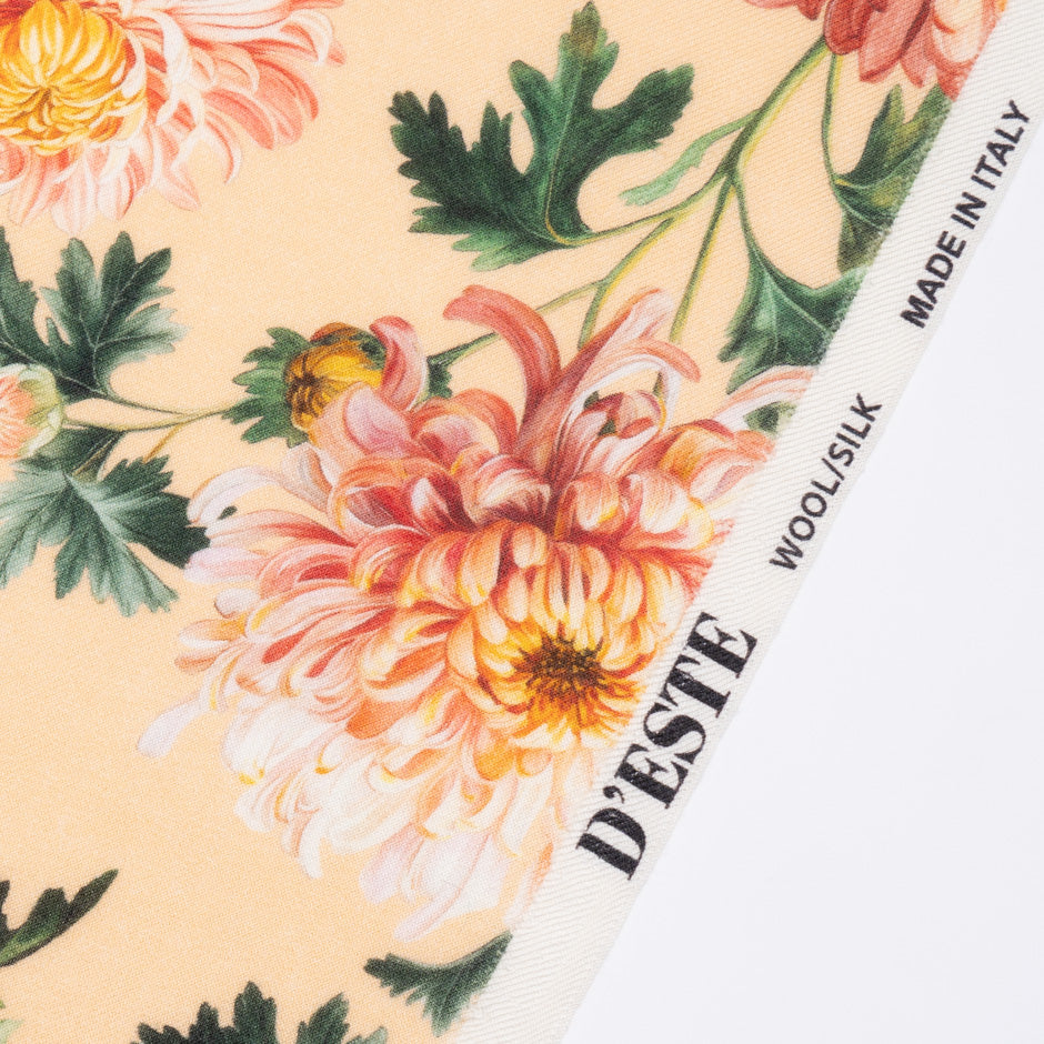 Orange Floral Printed Peach Wool & Silk Blend Challis