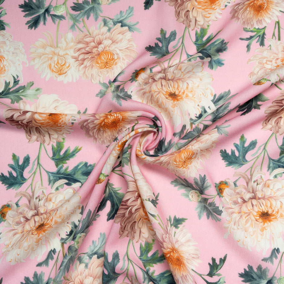 Floral Printed Pink Wool & Silk Blend Challis