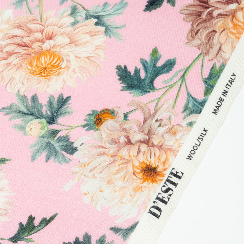 Floral Printed Pink Wool & Silk Blend Challis