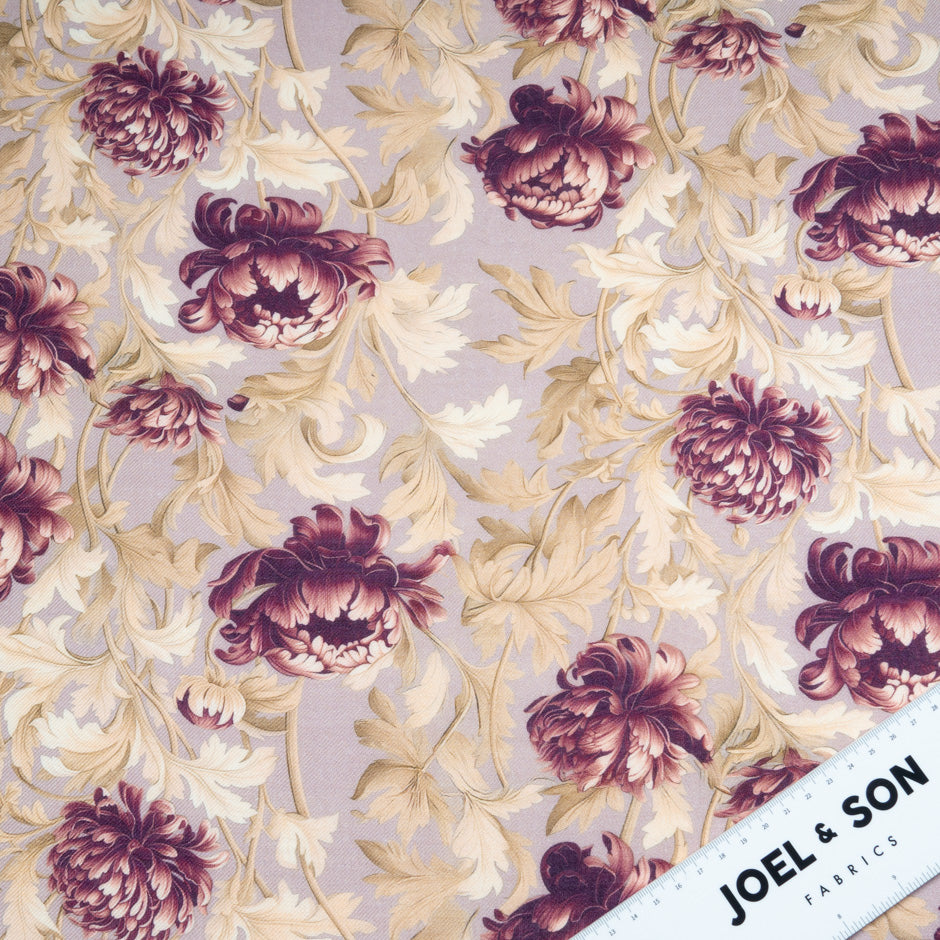 Deep Plum Floral Printed Wool & Silk Blend Challis