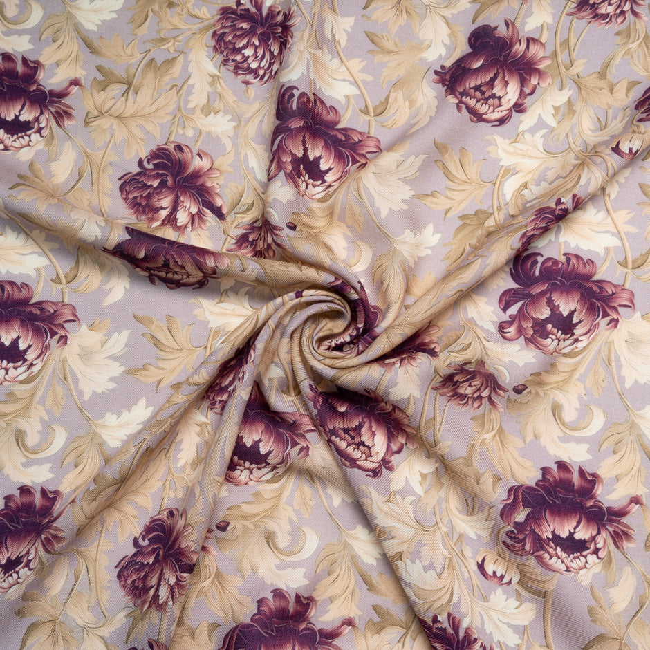 Deep Plum Floral Printed Wool & Silk Blend Challis