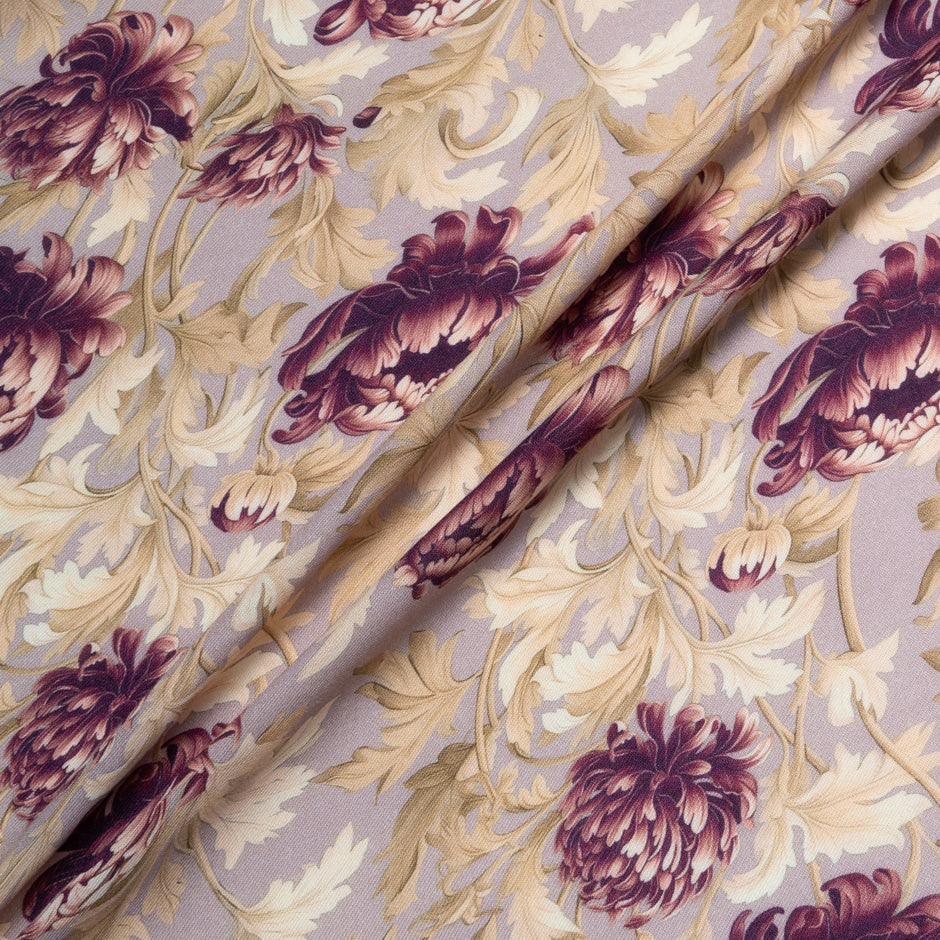 Deep Plum Floral Printed Wool & Silk Blend Challis