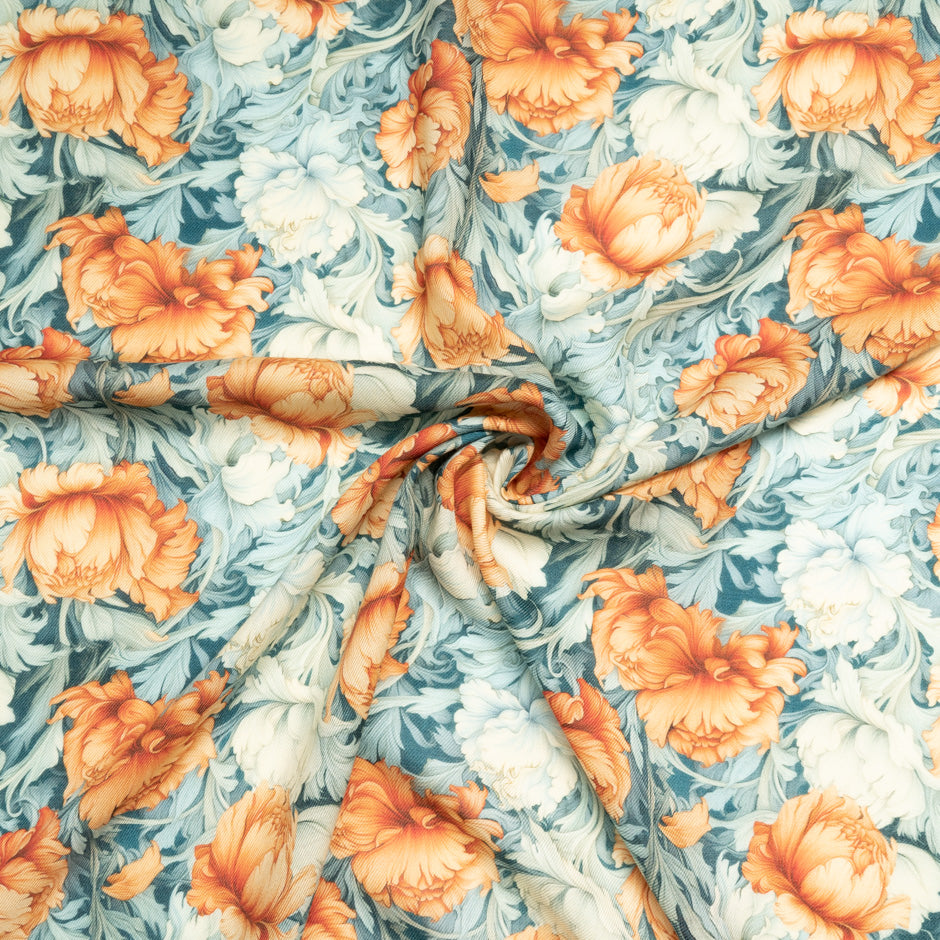 Orange Floral Printed Wool & Silk Blend Challis