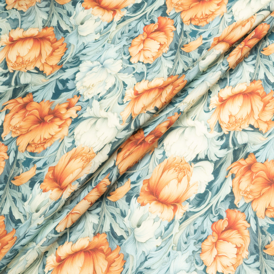 Orange Floral Printed Wool & Silk Blend Challis